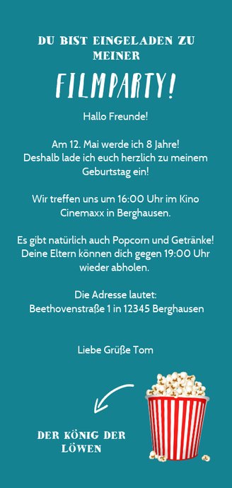 Einladung Kindergeburtstag Filmparty Rückseite