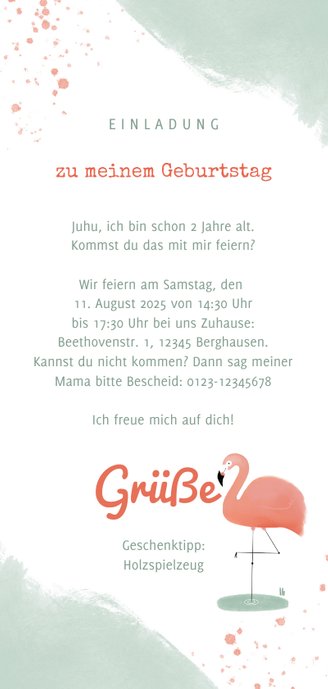 Einladung Kindergeburtstag Flamingo mit Herzen Rückseite