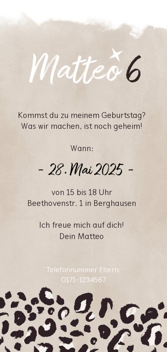 Einladung Kindergeburtstag Foto Leopard beige Rückseite