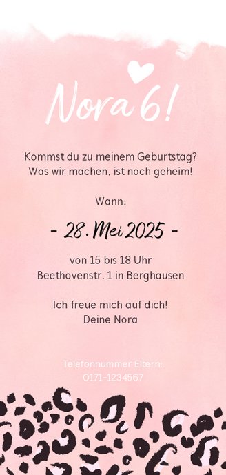 Einladung Kindergeburtstag Foto Leopard rosa Rückseite