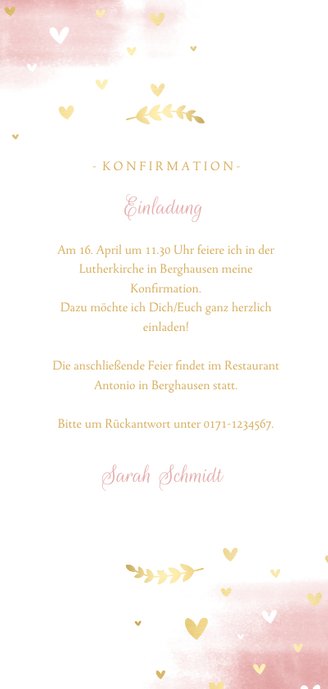 Einladung Konfirmation Foto, Taube und Herzen Rückseite