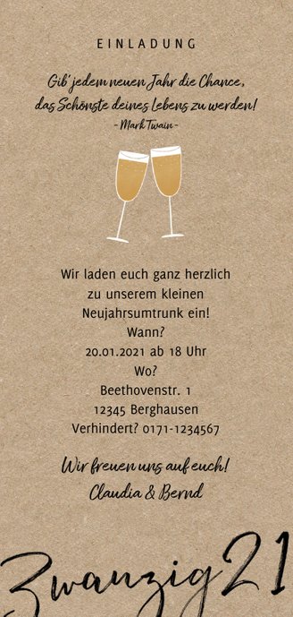 Einladung Neujahrsumtrunk Sektgläser Rückseite