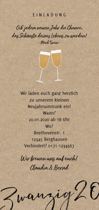 Einladung Neujahrsumtrunk Sektgläser Rückseite