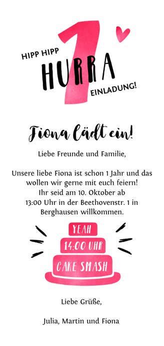 Einladung Zum 1 Geburtstag Mit Pinker Torte Kaartje2go