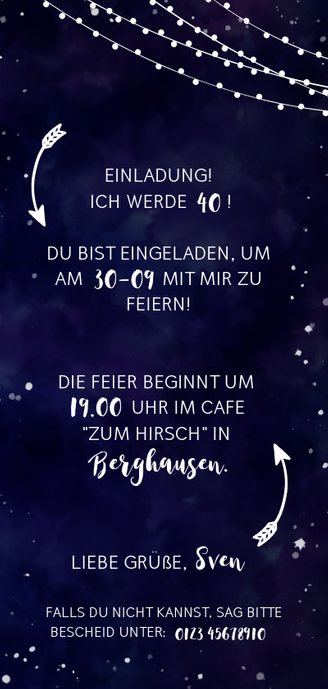 Einladung zum Geburtstag im Galaxy Design mit Foto Rückseite