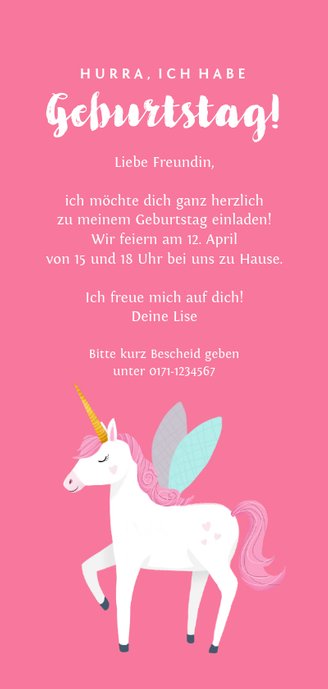 Einladung zum Kindergburtstag Foto und Einhorn rosa Rückseite