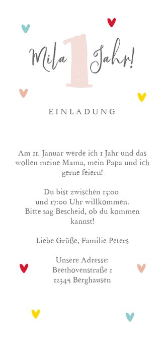 Einladung zum Kindergeburtstag bunte Herzchen & Foto Rückseite