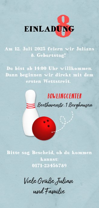 Einladung zum Kindergeburtstag Kegel mit Zahl Rückseite