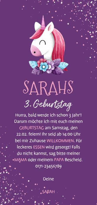 Einladung zum Kindergeburtstag lila Einhorn und Konfetti Rückseite