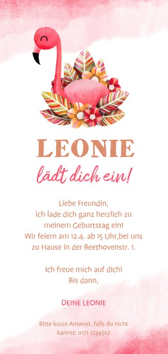 Einladung zum Kindergeburtstag mit Foto und Flamingo Rückseite