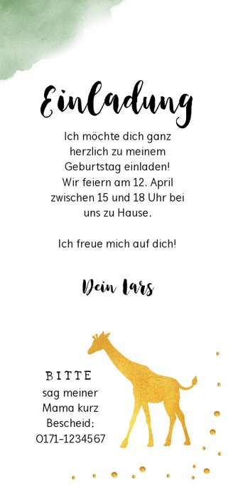 Einladung zum Kindergeburtstag mit Giraffe Rückseite