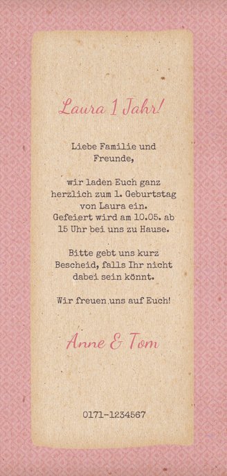 Einladung zum Kindergeburtstag mit rosa Bulli Rückseite