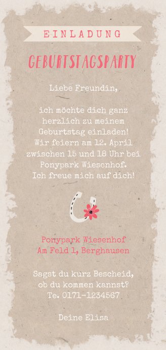 Einladung zum Kindergeburtstag Ponyparty Rückseite