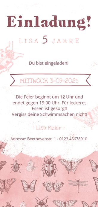Einladung zum Kindergeburtstag rosa Insekten und Foto Rückseite