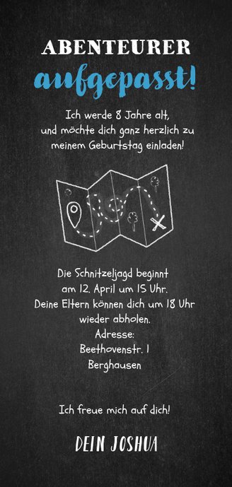 Einladung zum Kindergeburtstag Schnitzeljagd blau Rückseite