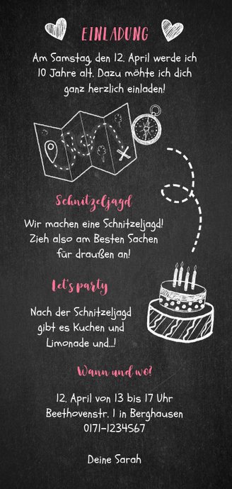 Einladung zum Kindergeburtstag Schnitzeljagd rosa Rückseite