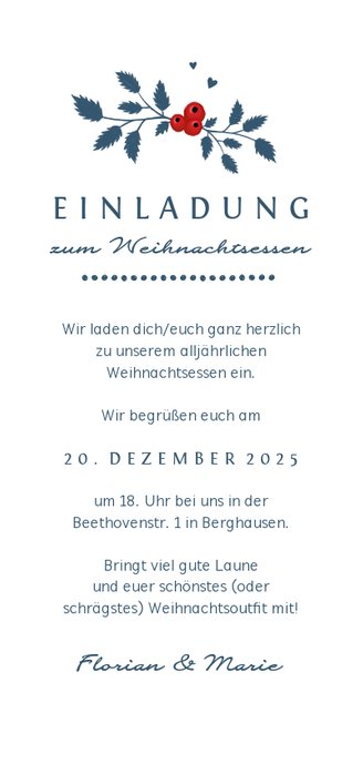 Einladung zum Weihnachtsessen Zweige und Foto Rückseite
