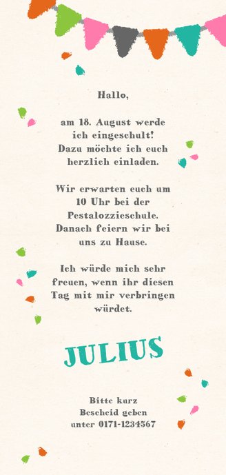 Einladung zur Einschulung Foto & bunte Kreide Rückseite