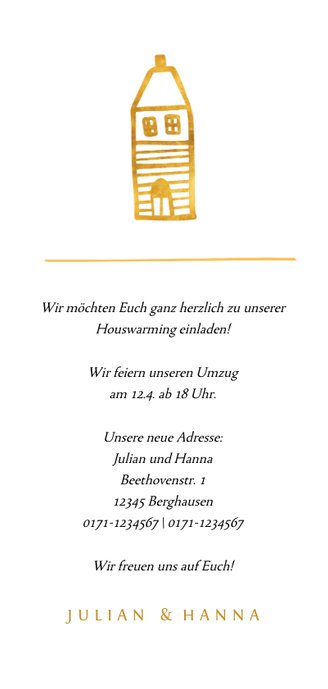 Einladung zur Housewarming mit goldenem Haus Rückseite