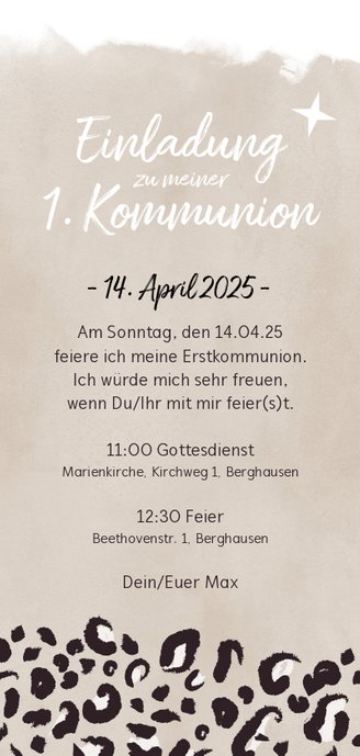 Einladung zur Kommunion Foto & brauner Leopardenprint Rückseite