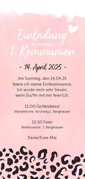 Einladung zur Kommunion Foto & rosa Leopardenprint Rückseite