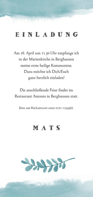 Einladung zur Kommunion Foto, Wasserfarbe & Palmwedel Rückseite