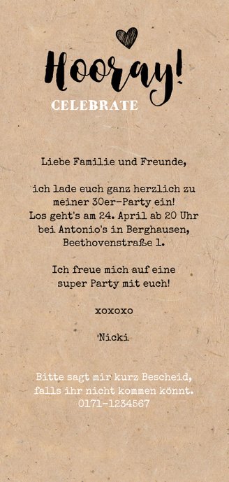 Einladung zur Party Kraftpapier und Sektgläser Rückseite