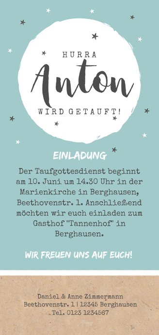 Einladung zur Taufe Elefant in Wagen blau Rückseite