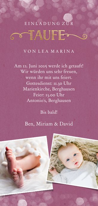 Einladung zur Taufe großes Foto violett Rückseite