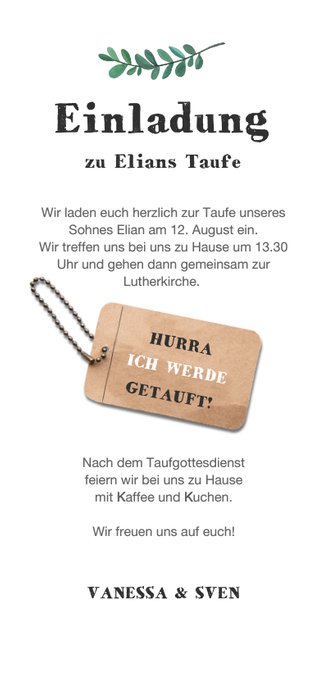 Einladung zur Taufe Holzlook mit Foto und Anhänger Rückseite