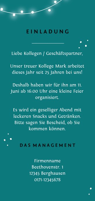 Einladungskarte Dienstjubiläum Lichter und Foto Rückseite