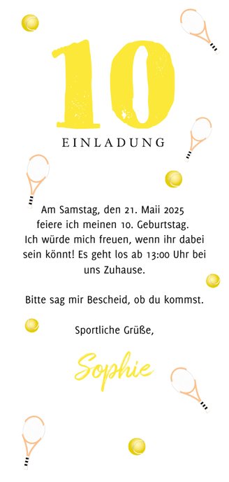 Einladungskarte Kindergeburtstag Tennis mit Foto Rückseite