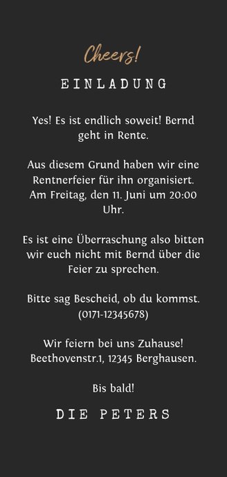 Einladungskarte Rentnerfeier schwarz-gold mit Foto Rückseite