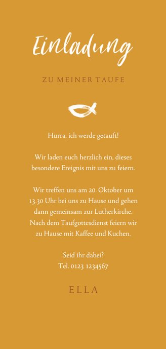 Einladungskarte Taufe großes Foto Ichthys ocker Rückseite