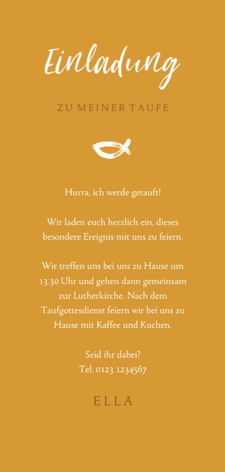 Einladungskarte Taufe großes Foto Ichthys ocker Rückseite