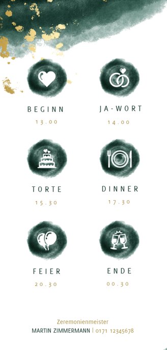 Einladungskarte zur Hochzeit grün-gold mit Timeline 2