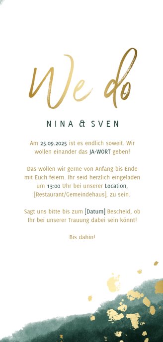 Einladungskarte zur Hochzeit grün-gold mit Timeline 3