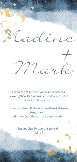 Einladungskarte zur Hochzeit im blauen Aquarelldesign Rückseite