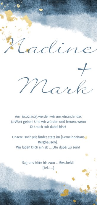 Einladungskarte zur Hochzeit im blauen Aquarelldesign Rückseite
