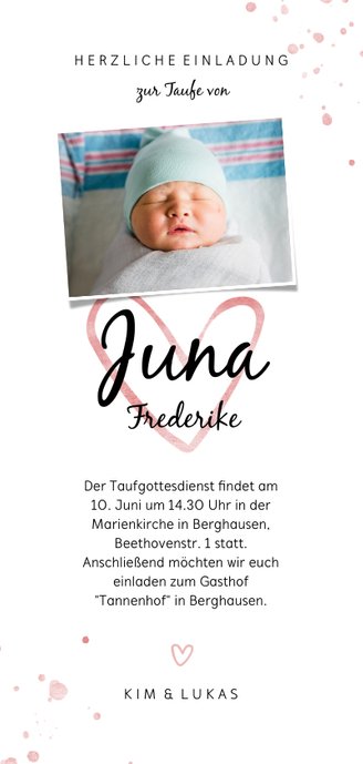 Einladungskarte zur Taufe Herzen Foto Rückseite Rückseite