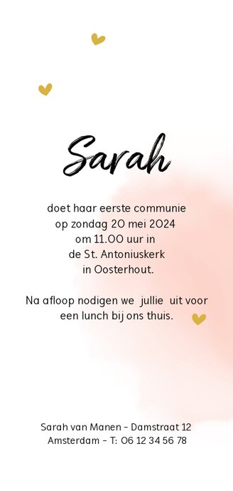 Enkele communiekaart met roze waterverf en hartjes Achterkant