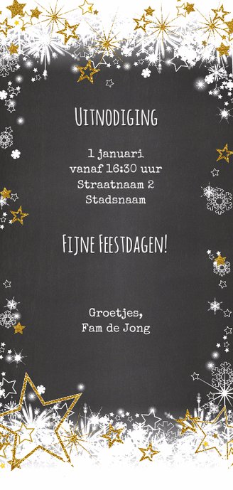 Feestelijke uitnodiging borrel sneeuw en sterren Achterkant