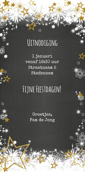 Feestelijke uitnodiging borrel sneeuw en sterren Achterkant