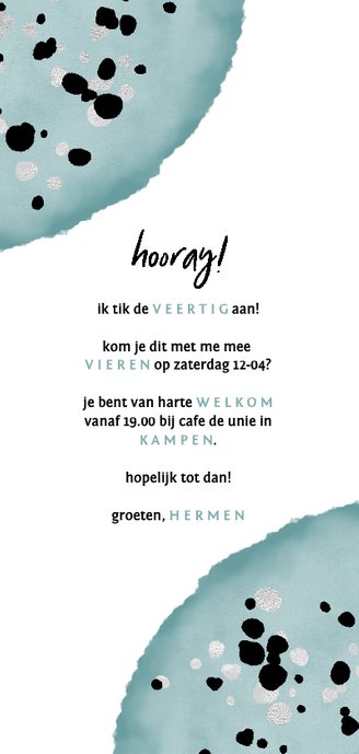 Feestelijke uitnodiging 'forty' met waterverf en spetters Achterkant