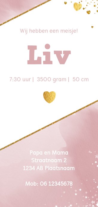 Geboorte hip roze kaartje waterverf hartjes en sterren Achterkant