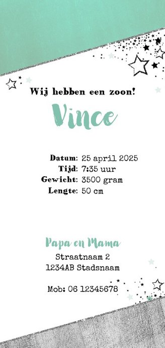 Geboorte hip zilver en blauw-groen kaartje met sterren Achterkant