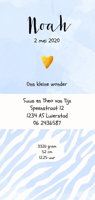 Geboorte jongen zebra print aquarel blauw Achterkant