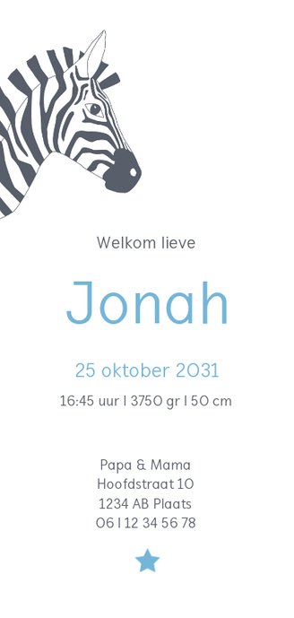 Geboorte - Zebra met ster Achterkant