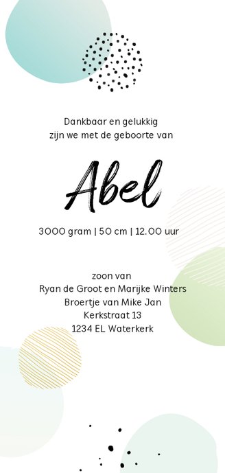 Geboortekaart dots met streep en stip enkel jongen Achterkant