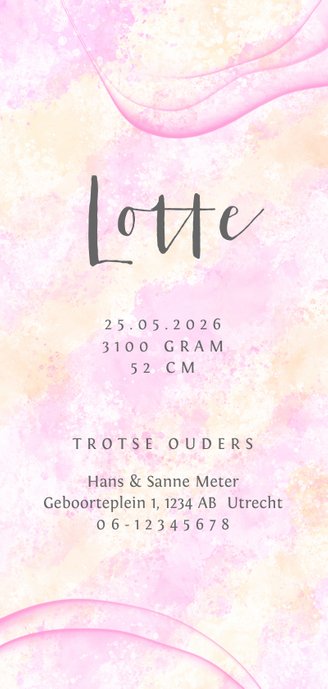 Geboortekaart meisje roze/zalm diagonaal waterverf Achterkant